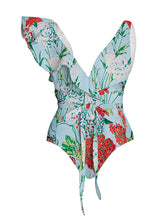 Load image into Gallery viewer, Green Retro Floral Print One Piece With Wrap Skirt Swimsuit