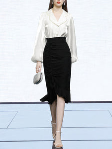 2PS White Pearl Turn Down Collar Long Sleeve Shirt With Black Ruffles Split Skrit Dress Suit