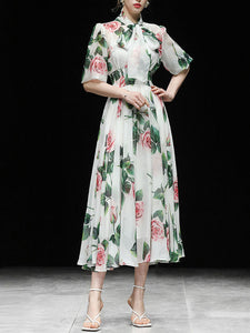 Big Bowknot Tropical Rose Print Maxi Dress