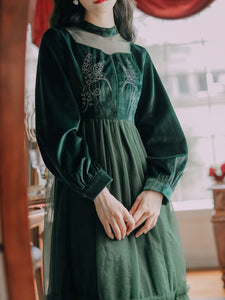 Emeral Green Semi Sheer Long Sleeve 1950S Velvet Vintage Dress