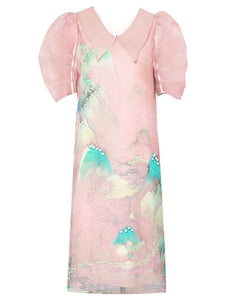Pink Organza Puff Sleeve Vintage Dress With Belt