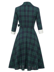 Plaid 3/4 Sleeve 1950S Vintage Dress With Bow Belt