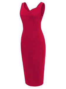 Solid Color Sweet Heart Collar 1950S Vintage Bodycon Dress, Red / L Solid Color Sweet Heart Collar 1950S Vintage Bodycon Dress, Red / L