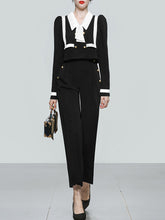Load image into Gallery viewer, 2PS Black Sailor Long Sleeve Top With High Waist Wide Leg Pants Suit