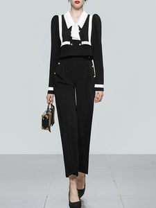 2PS Black Sailor Long Sleeve Top With High Waist Wide Leg Pants Suit