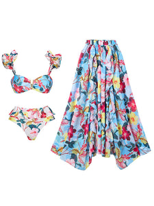 Blue Flower Print Ruffles Strappy Bikini With Bathing Suit Swing Skirt