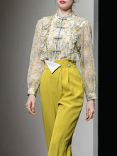 Load image into Gallery viewer, 2PS Yellow Ruffles Collar Floral Print Shirt And Pant Suit