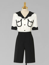Load image into Gallery viewer, 2PS White Wavy Petal Lapel Straight Short-sleeved Shirt Five-point Shorts Suit