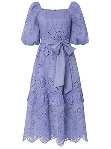 Embroidered Square Collar Puff Sleeve Vintage Dress Boho Dress