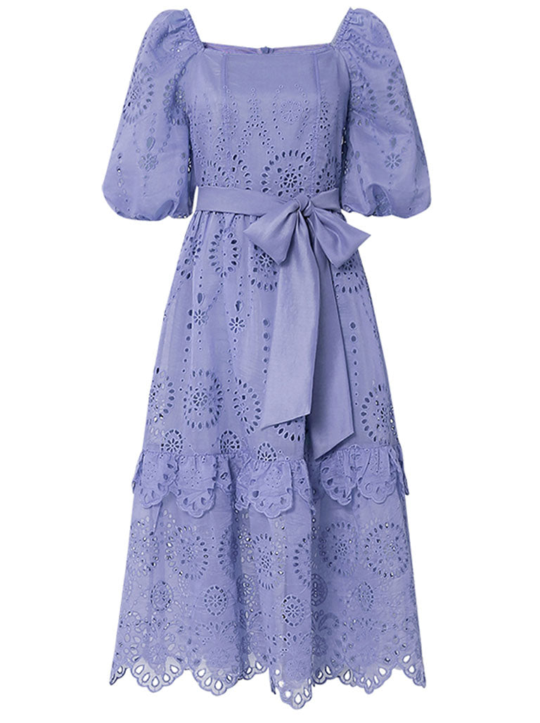 Embroidered Square Collar Puff Sleeve Vintage Dress Boho Dress