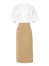 Load image into Gallery viewer, 2PS V Neck White Shirt And Khaki Split Sexy Bodycon Skirt Suit