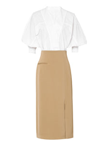 2PS V Neck White Shirt And Khaki Split Sexy Bodycon Skirt Suit