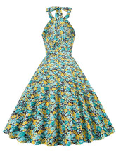 Load image into Gallery viewer, Green Floral Print Halter Classis Vintage Style 1950S Dress With Back Bowknot
