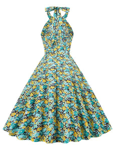 Green Floral Print Halter Classis Vintage Style 1950S Dress With Back Bowknot