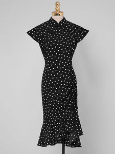 Black Polka Dots Butterfly Sleeve 1940S Vintage Dress