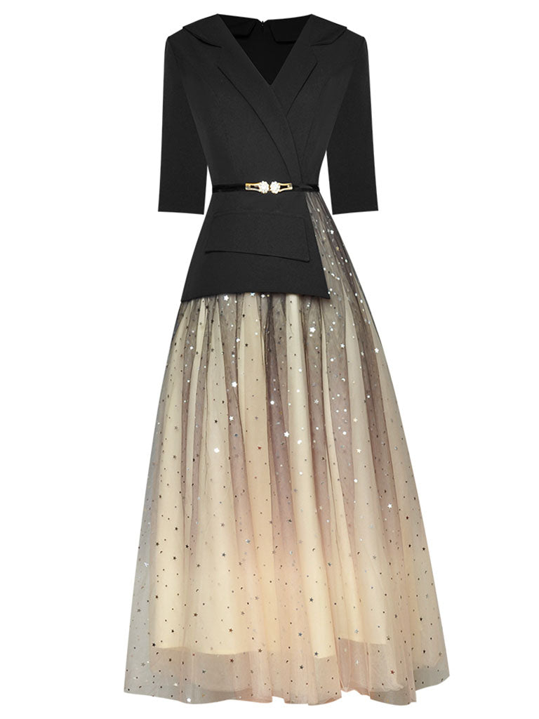 white christmas dresses 1950s Vintage Classic Fake Two Piece Star Hot Stamping Mesh Sheer Vintage Dress Suit, Black / L