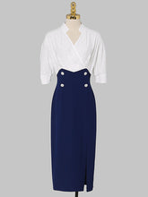 Load image into Gallery viewer, White And Navy Lantern Sleeve Slit Dress Vintage 1940S Dress