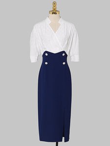 White And Navy Lantern Sleeve Slit Dress Vintage 1940S Dress