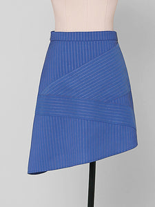 2PS Blue Vertical Striped Lapel Sleeveless Slim Top High Waist Asymmetric Short Skirt Set