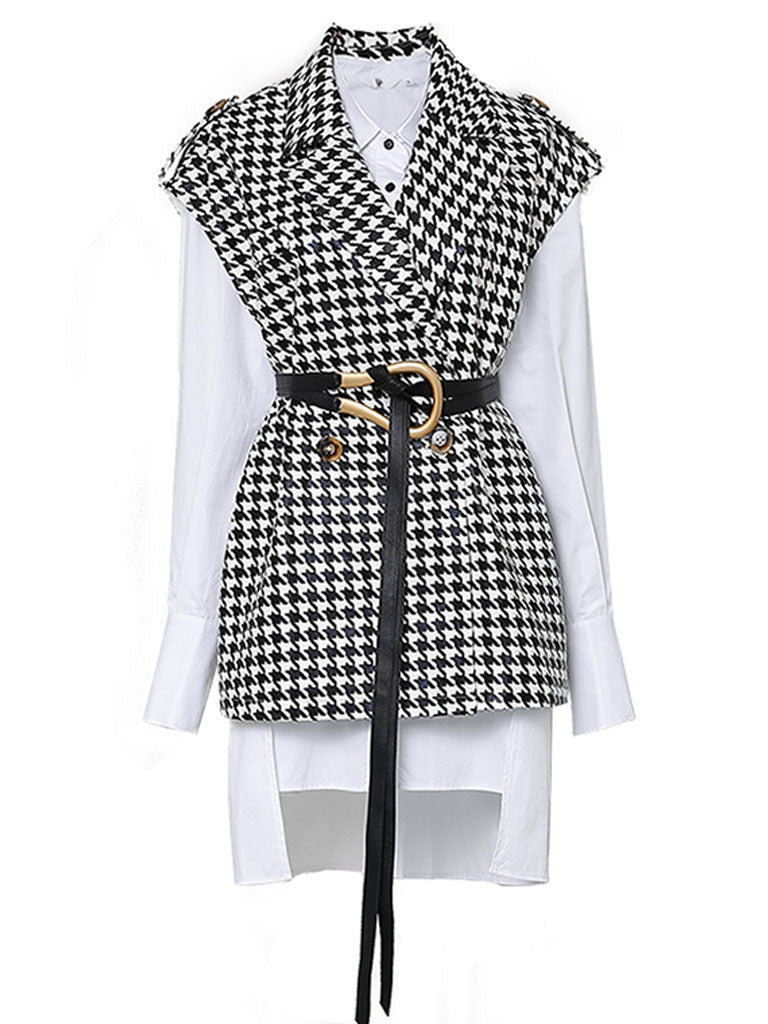2PS Houndstooth Pattern Vest And White Low High Shirt Coat Suit