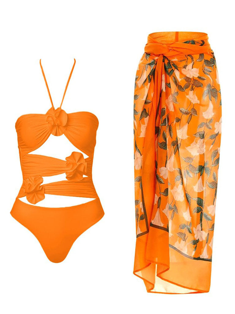 Orange Handmade Flower Halter Ruffles One Piece With Bathing Suit Wrap Skirt
