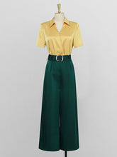 Load image into Gallery viewer, 2PS Yellow Elegant V-neck Short Sleeve Shirt With High-waisted Wide Pants Suit