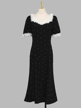 Load image into Gallery viewer, White Lace Square Neck Puff Sleeve Vintage Pearl Hepburn Style Midi Black Dress