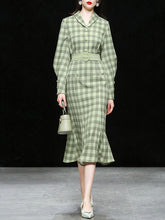 Load image into Gallery viewer, Green Plaid Long Sleeve Vintage Mermaid 1940S Fish Tail Dress With Belt