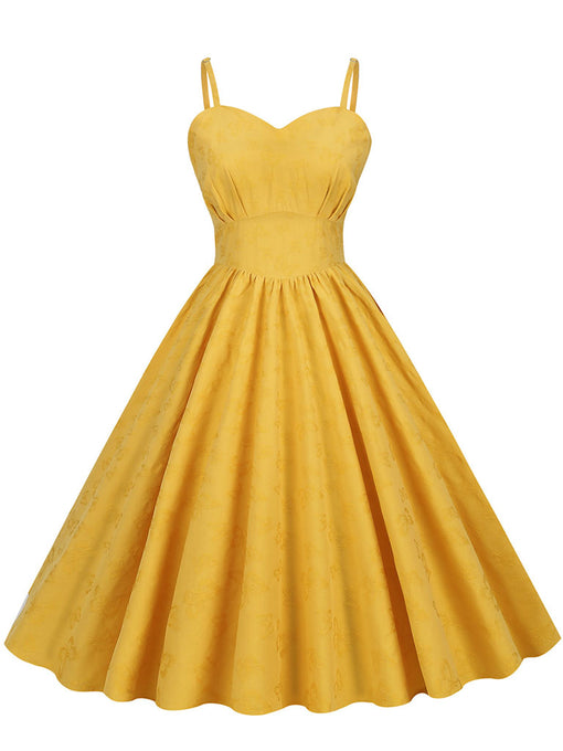 Yellow Butterfly Strap Sleeveless 1950S Vinatge Dress