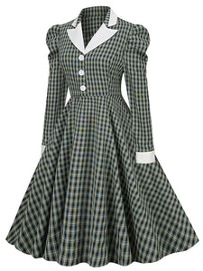 1950S Green Plaid Puff Long Sleeve Vintage Swing Dress