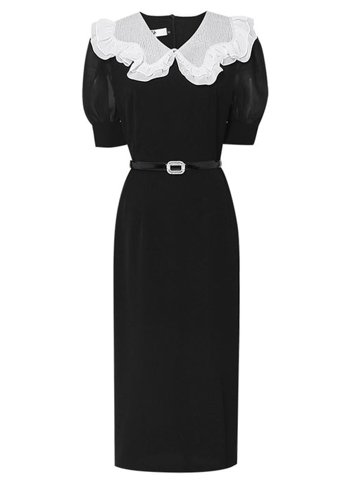 Black Doll Neck Puff Sleeve 1940S Split Bodycon Dress