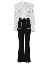 Load image into Gallery viewer, 2PS White V Neck Ruffles Long Sleeve Top With High Waist Wide Leg Pants Suit