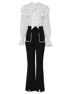 2PS White V Neck Ruffles Long Sleeve Top With High Waist Wide Leg Pants Suit