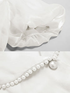 White Organza Pearl Collar Short Sleeve 1950S Swing Dress