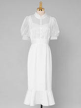 Load image into Gallery viewer, White Stand Collar Puff Sleeve Princess Mermaid Organza Dress