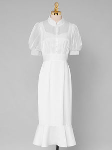 White Stand Collar Puff Sleeve Princess Mermaid Organza Dress