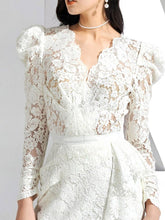 Load image into Gallery viewer, Christmas White V Neck Long Sleeve 1950S Lace Vintage Bodycon Dress