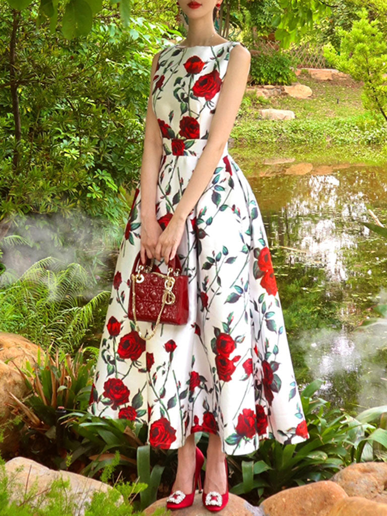 Roce Print Sleeveless Classic 1950S Vintage Garden Party Dress, Rose / L