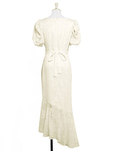Light Yellow Chiffon Waist Long Skirt Puff Sleeve Fishtail Dress