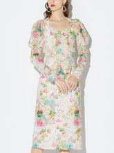 Load image into Gallery viewer, White 1960S Vintage Floral Printed Pearl Puff Sleeve Bodycon Dress