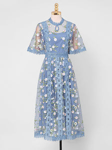 Blue Embroidery Daisy Lace Neck Maxi Dress – Jolly Vintage