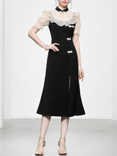 Load image into Gallery viewer, White Semi Sheer Ruffles With Black Fishtail Cheongsam Dress