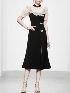 White Semi Sheer Ruffles With Black Fishtail Cheongsam Dress