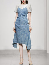 Load image into Gallery viewer, 2PS White 1950S Vintage Classic Top And Spaghetti Strap Denim Swing Dress Suit