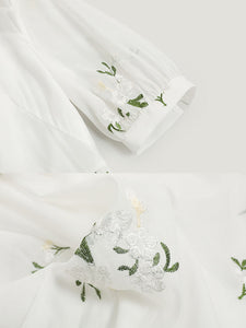 White V Neck Puff Sleeves Embroidered Organza Vintage Dress