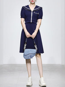 2PS Navy Uniform Sailor Collar Puff Sleeve Skirt Suit