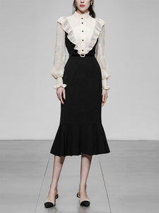 White Lace Shirt Fake Two-Piece Fishtail Dress
