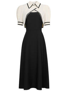 2PS White Cape With Black Spaghetti Strap 1950S Dress Set