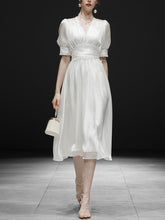 Load image into Gallery viewer, White Ruffles Puff Sleeve Organza Vintage Dress