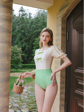 Load image into Gallery viewer, Sweet Bowknot Green Plaid Vintage One Piece Swimwear
